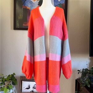 Prettylittlething | Pink Grey Orange Color Block Balloon Sleeve Duster Size S